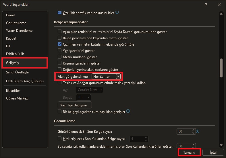 Word'te Alan Gölgelendirme